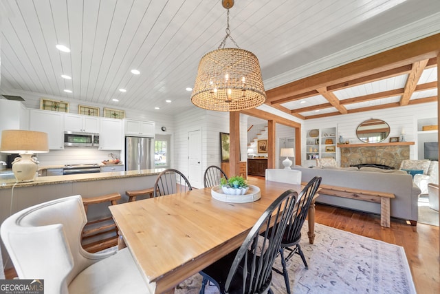 dining room with wood ceiling, a chandelier, wood finished floors, and recessed lighting