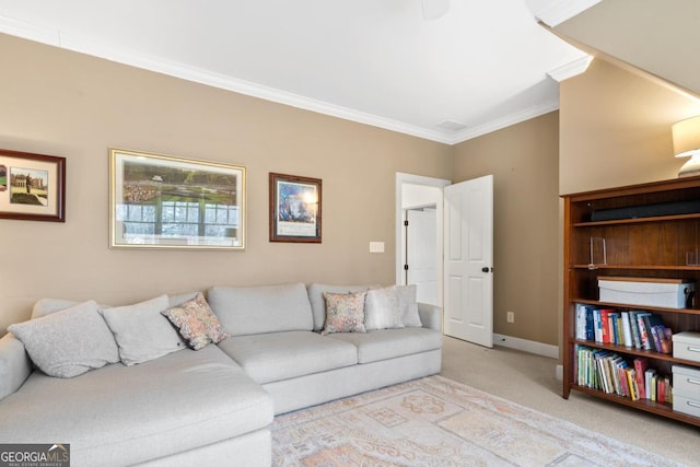 living room featuring baseboards, light colored carpet, and ornamental molding