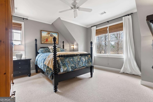 bedroom with light carpet, visible vents, baseboards, ceiling fan, and crown molding