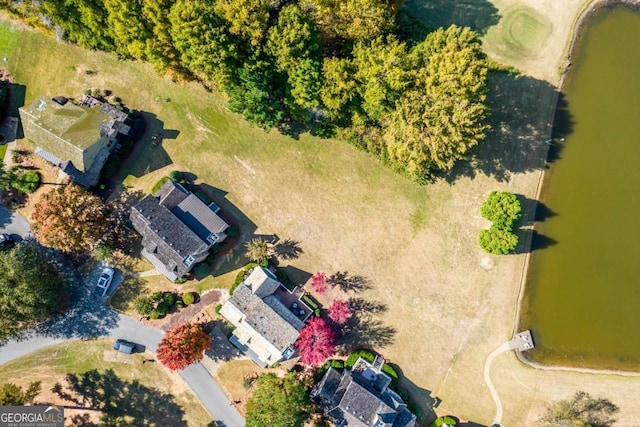 drone / aerial view featuring a water view