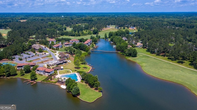 bird's eye view featuring a water view and a wooded view
