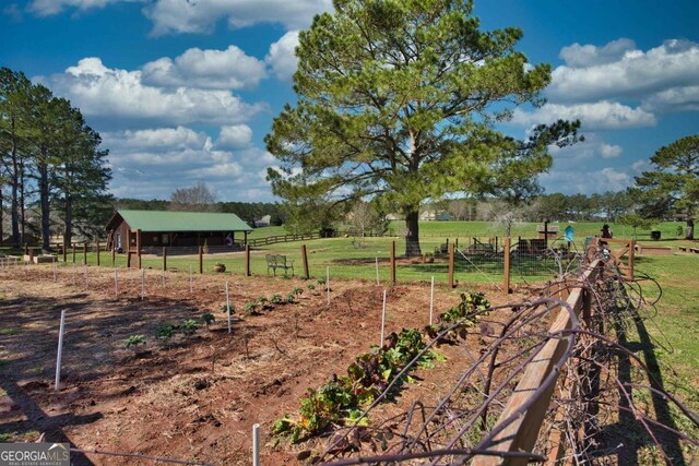 view of yard featuring fence, a rural view, and a vegetable garden