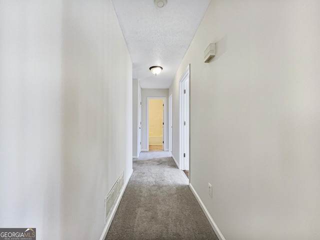 hallway featuring carpet floors and a textured ceiling