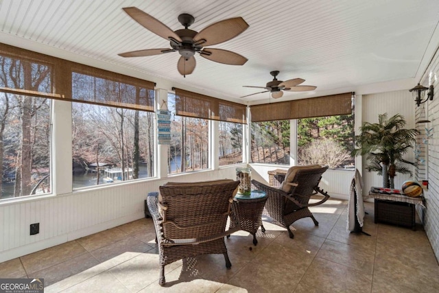 sunroom featuring ceiling fan