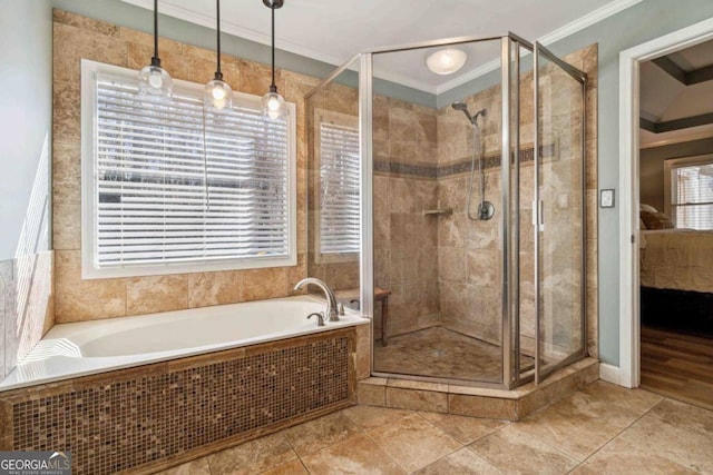 bathroom with separate shower and tub, tile patterned floors, and ornamental molding