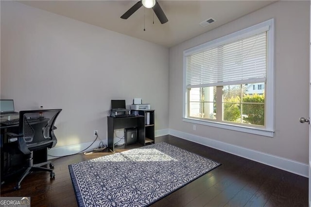 office featuring ceiling fan and dark hardwood / wood-style floors