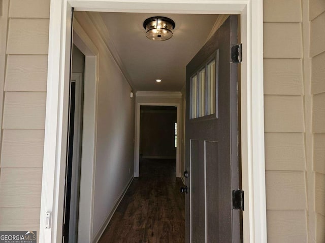 corridor featuring dark hardwood / wood-style flooring and crown molding