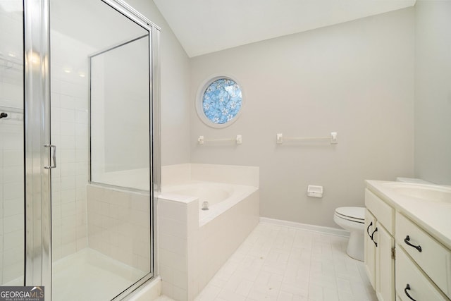 full bathroom with tile patterned floors, vanity, shower with separate bathtub, and toilet