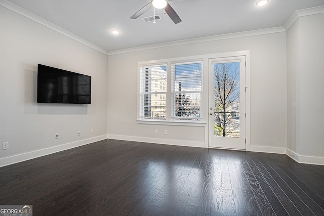 unfurnished room featuring ceiling fan, dark hardwood / wood-style flooring, and crown molding