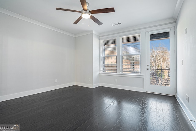 unfurnished room with ceiling fan, crown molding, and dark hardwood / wood-style floors