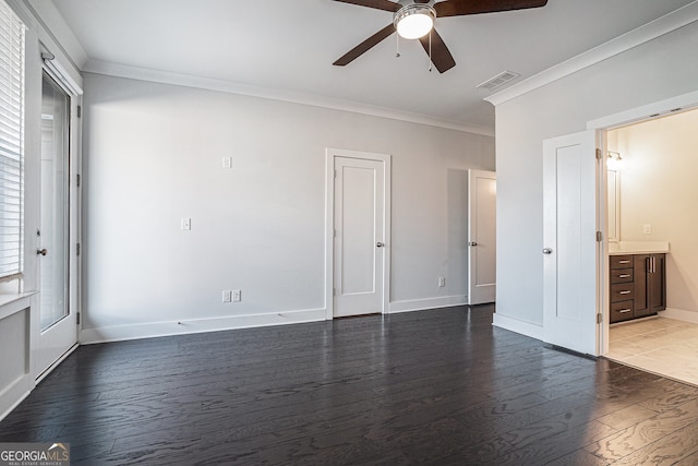 unfurnished bedroom with ensuite bathroom, crown molding, ceiling fan, and hardwood / wood-style flooring