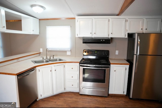 kitchen featuring white cabinets, sink, dark hardwood / wood-style floors, appliances with stainless steel finishes, and extractor fan