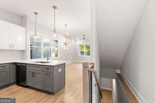 kitchen featuring gray cabinets, white cabinetry, hanging light fixtures, and sink