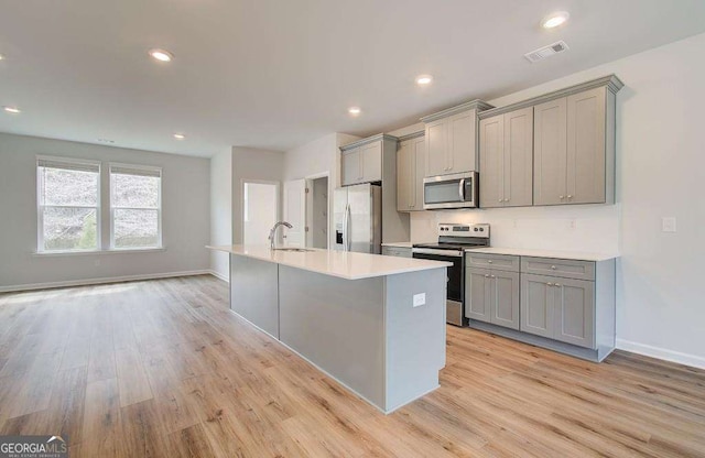 kitchen featuring sink, gray cabinets, a center island with sink, appliances with stainless steel finishes, and light wood-type flooring