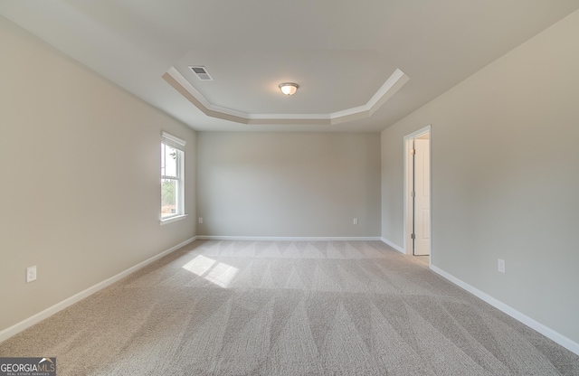 unfurnished room featuring light carpet and a tray ceiling