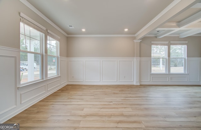 unfurnished room with crown molding, beamed ceiling, coffered ceiling, and light wood-type flooring