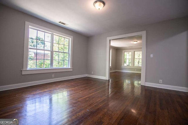 spare room featuring dark hardwood / wood-style floors and a healthy amount of sunlight