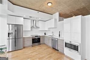 kitchen featuring wall chimney range hood, sink, light wood-type flooring, white cabinetry, and stainless steel appliances