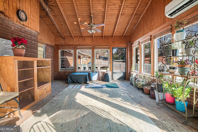 sunroom / solarium with wood ceiling, a wall mounted air conditioner, vaulted ceiling with beams, and ceiling fan