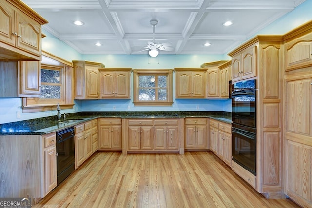 kitchen with ornamental molding, ceiling fan, sink, black appliances, and light hardwood / wood-style floors