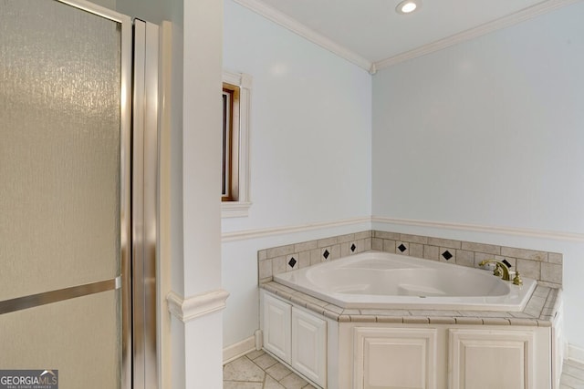 bathroom with plus walk in shower, tile patterned floors, and ornamental molding