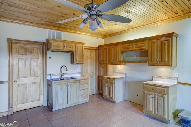 kitchen with wooden ceiling, sink, ceiling fan, ornamental molding, and light tile patterned flooring