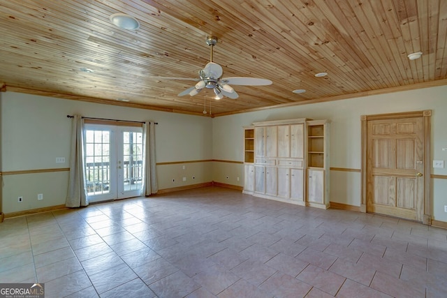 empty room with ceiling fan, wooden ceiling, ornamental molding, and french doors