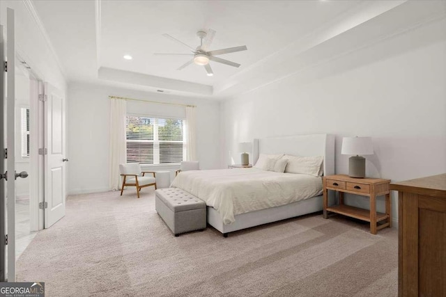 carpeted bedroom featuring a tray ceiling and ceiling fan