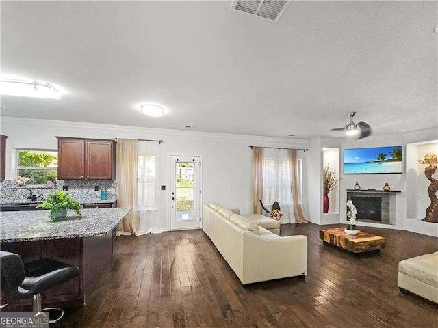 living room featuring sink, dark hardwood / wood-style flooring, ornamental molding, and a textured ceiling