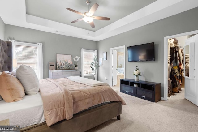 carpeted bedroom with ceiling fan, a raised ceiling, a walk in closet, and ensuite bath