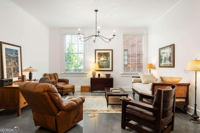 sitting room with crown molding and a notable chandelier