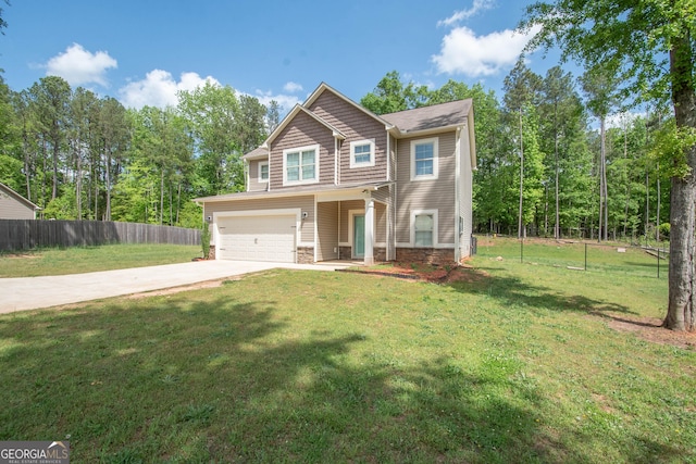 view of front of property with a front lawn, stone siding, concrete driveway, fence, and an attached garage
