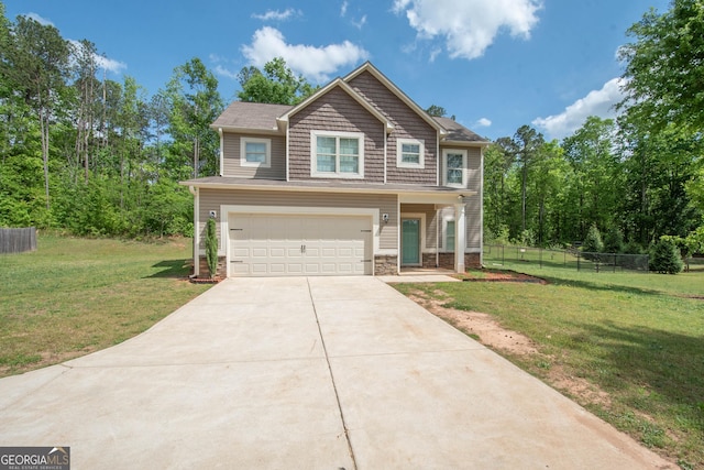 craftsman-style house with a garage, driveway, stone siding, fence, and a front yard