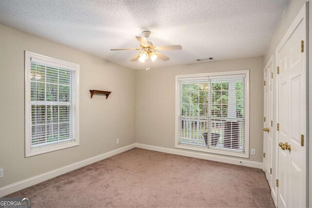 carpeted empty room with a textured ceiling, a wealth of natural light, and ceiling fan