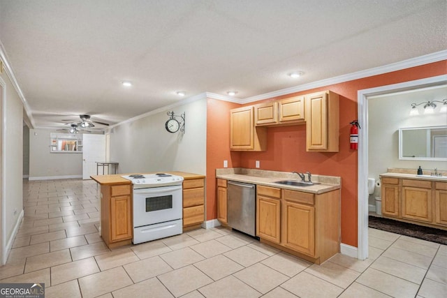 kitchen featuring ceiling fan, crown molding, sink, dishwasher, and white range with electric cooktop