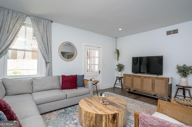 living room featuring dark wood-type flooring