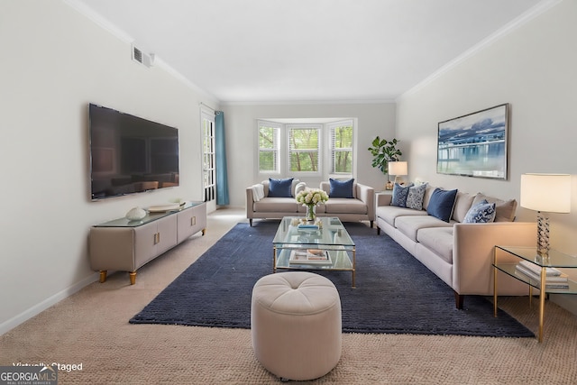 living room with light colored carpet and ornamental molding