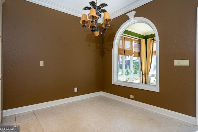 unfurnished room featuring crown molding and an inviting chandelier