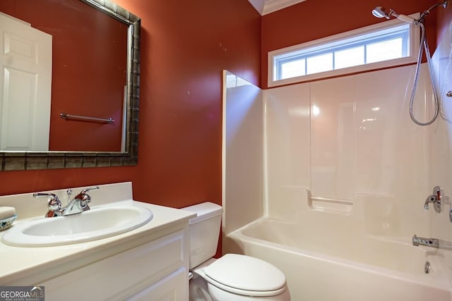 full bathroom featuring vanity, toilet, and  shower combination