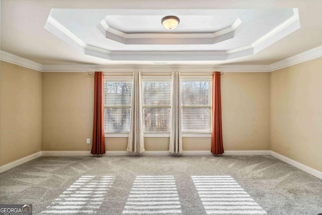 carpeted empty room featuring ornamental molding and a raised ceiling