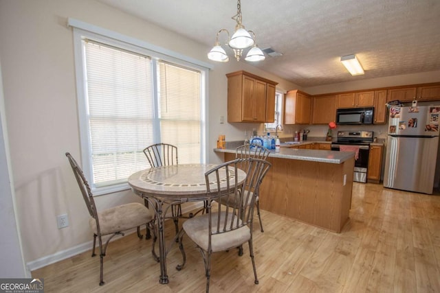 kitchen with pendant lighting, sink, light wood-type flooring, kitchen peninsula, and stainless steel appliances