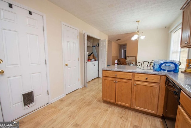 kitchen with dishwasher, light wood-type flooring, a textured ceiling, and a chandelier