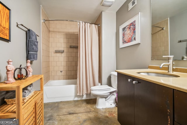 full bathroom featuring shower / tub combo with curtain, vanity, concrete flooring, and toilet