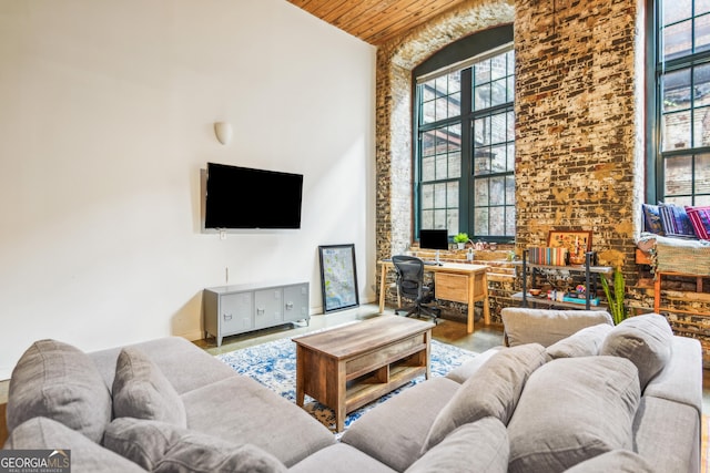 living room featuring wooden ceiling