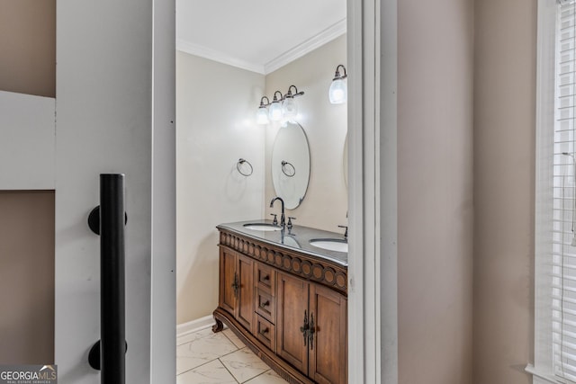 bathroom with vanity and ornamental molding