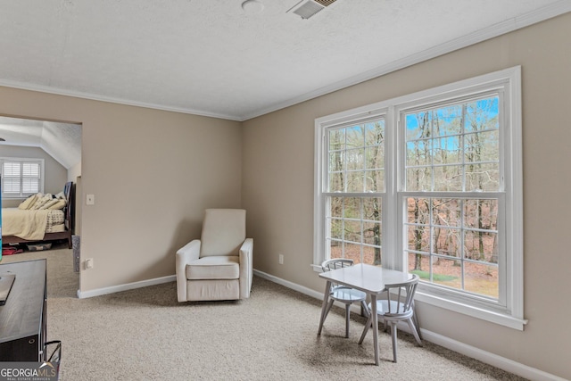 sitting room with carpet flooring, a textured ceiling, and vaulted ceiling