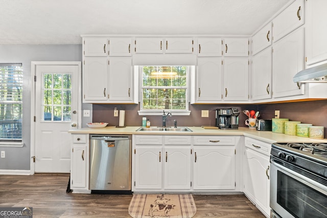 kitchen with dark hardwood / wood-style flooring, sink, white cabinetry, and stainless steel appliances