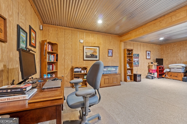 carpeted home office with wooden walls