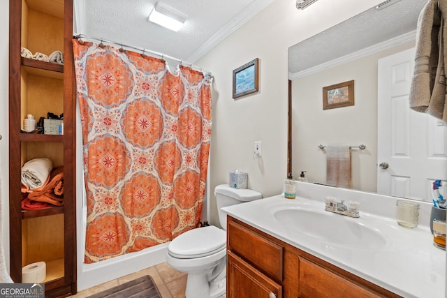 bathroom with vanity, tile patterned floors, crown molding, toilet, and a textured ceiling