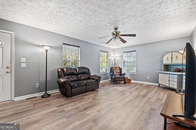 living area featuring ceiling fan, a textured ceiling, and light wood-type flooring